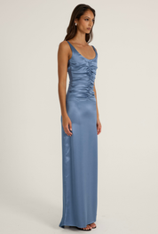 Blue ruched satin gown