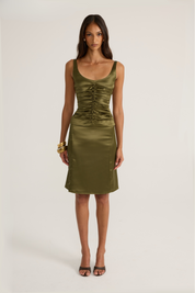 Green satin ruched top and midi skirt
