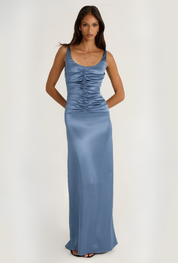 Blue ruched satin gown