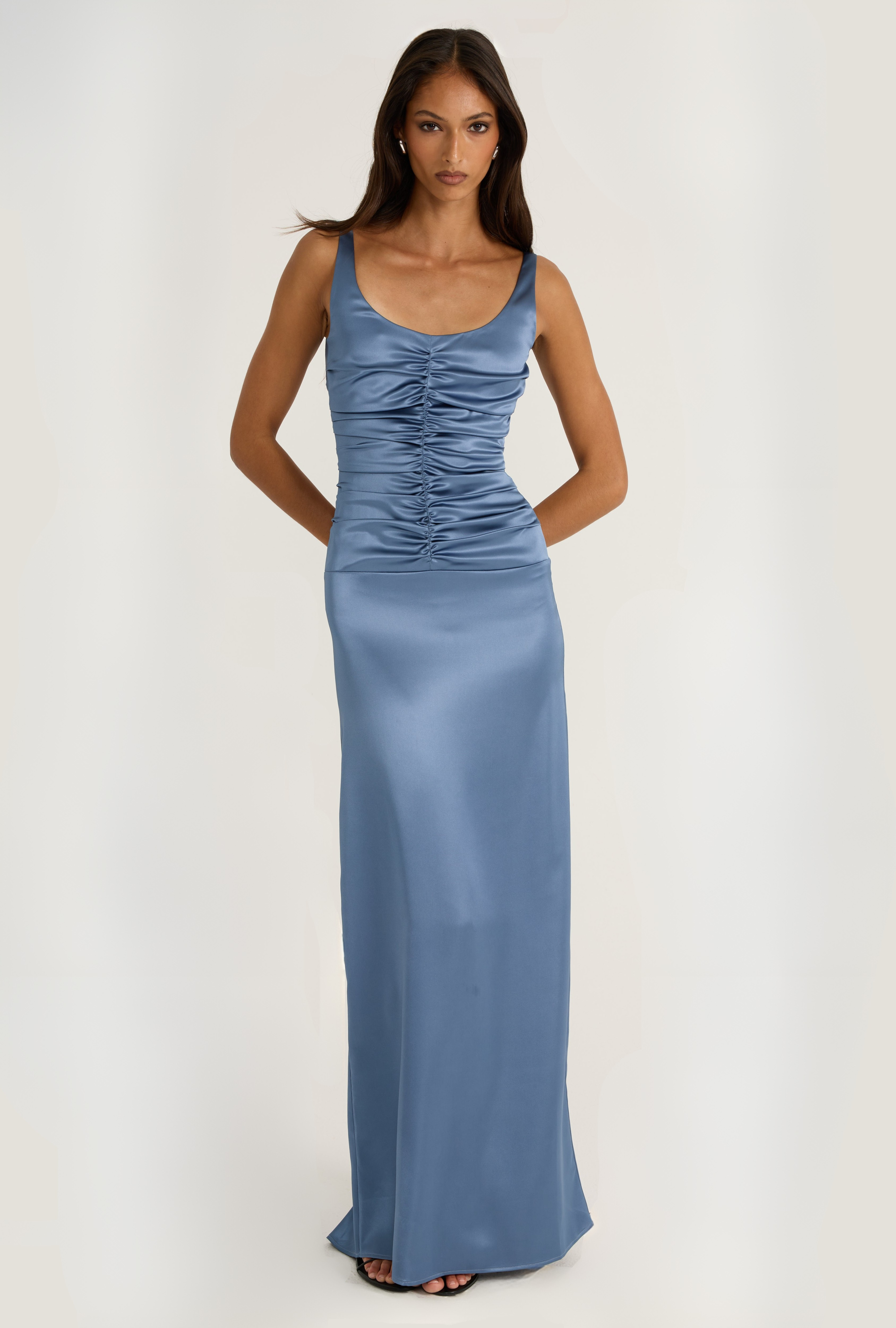 Blue ruched satin gown