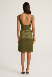 Green satin ruched top and midi skirt