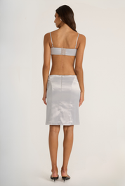 Silver satin floral top and silver midi skirt