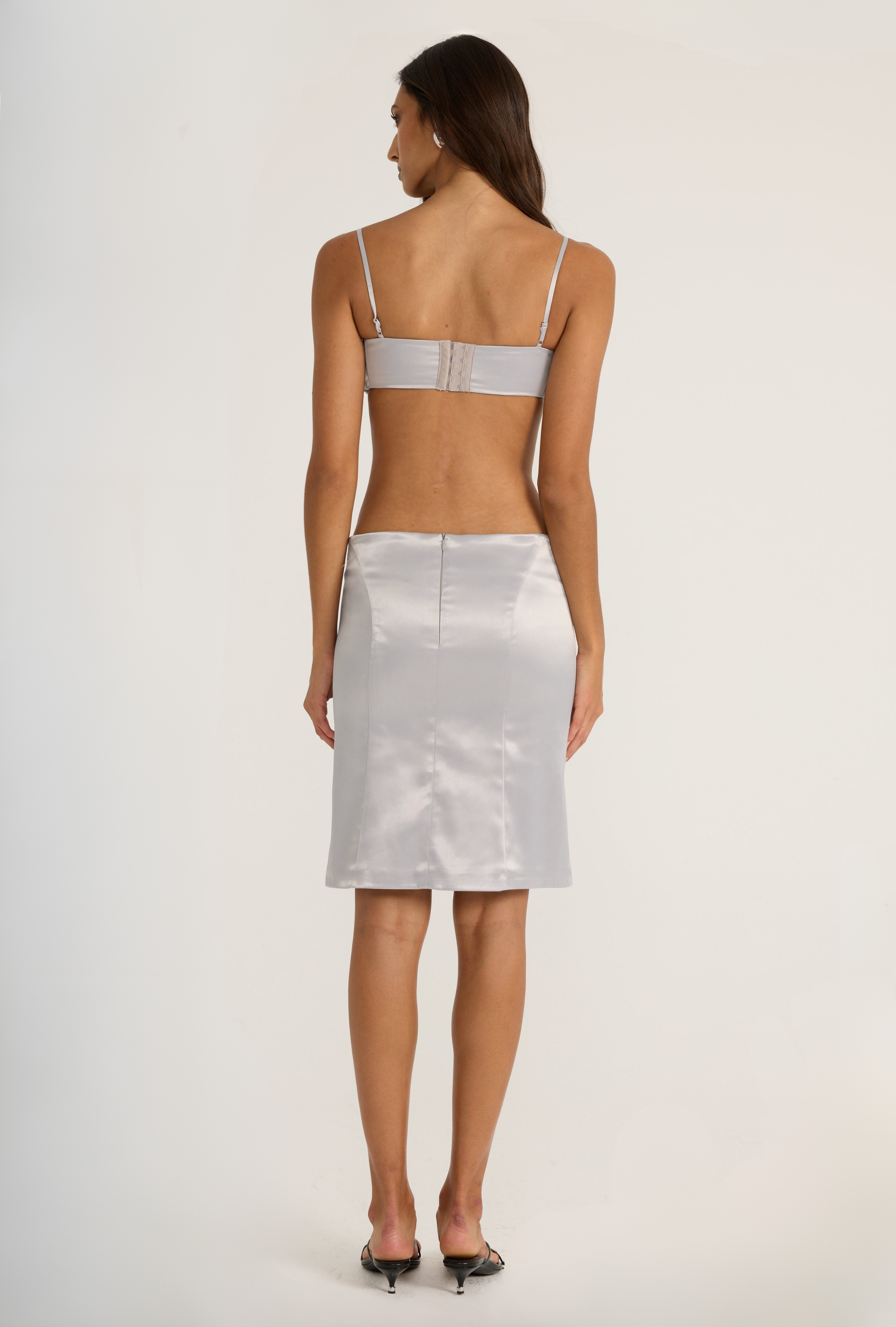 Silver satin floral top and silver midi skirt