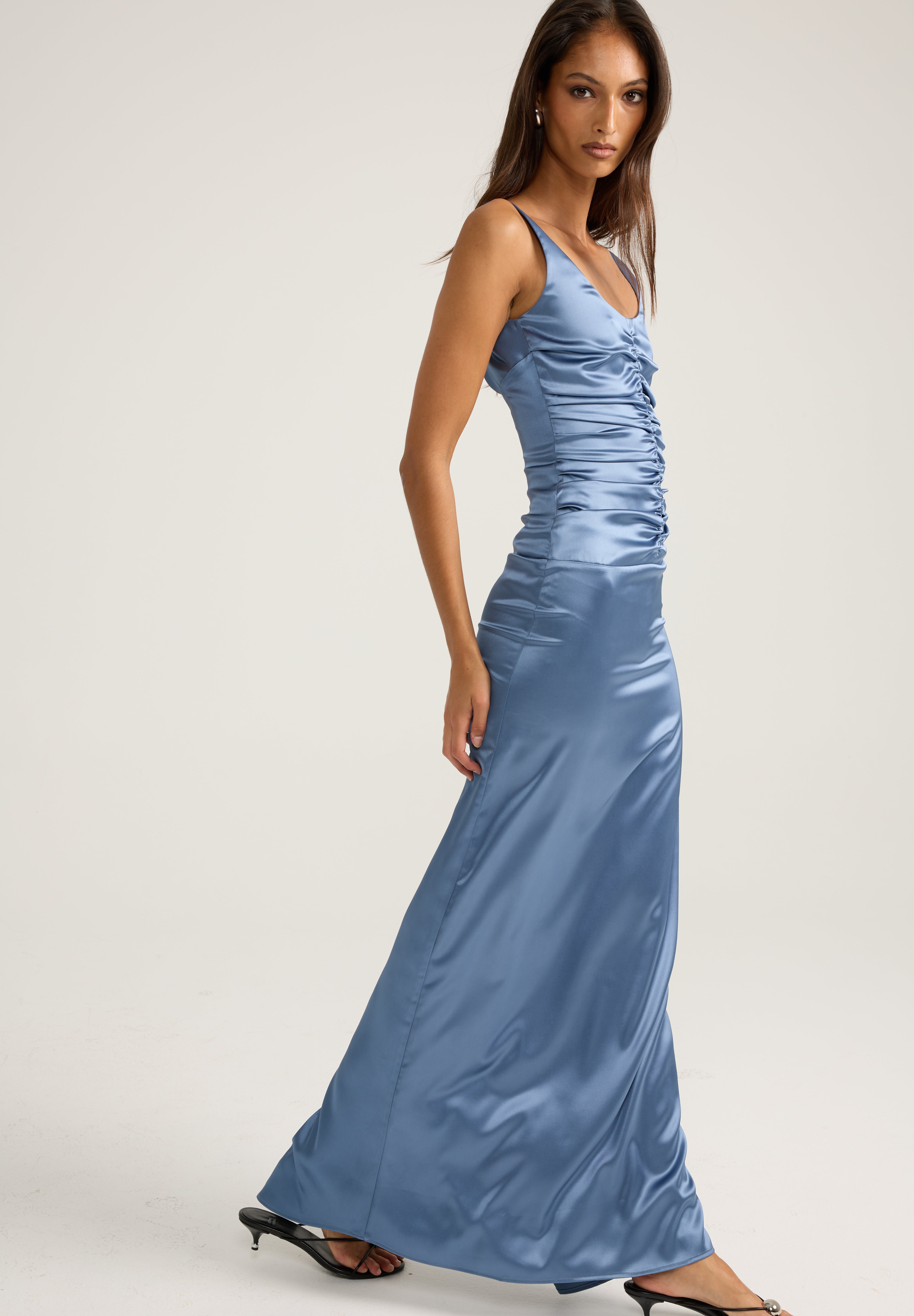 Blue ruched satin gown
