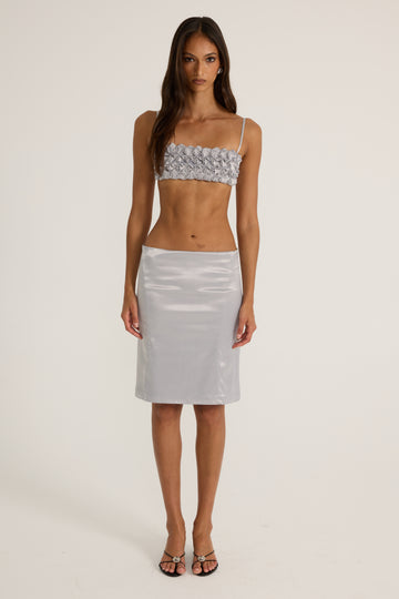 Silver satin floral top and silver midi skirt