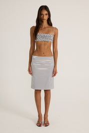 Silver satin floral top and silver midi skirt