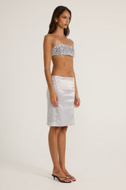 Silver satin floral top and silver midi skirt