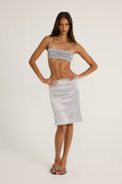 Silver satin floral top and silver midi skirt