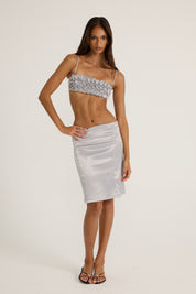 Silver satin floral top and silver midi skirt