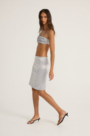 Silver satin floral top and silver midi skirt