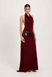 Burgundy evening gown with a sequin waist
