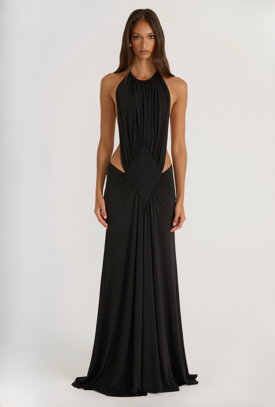halter neck black evening gown  