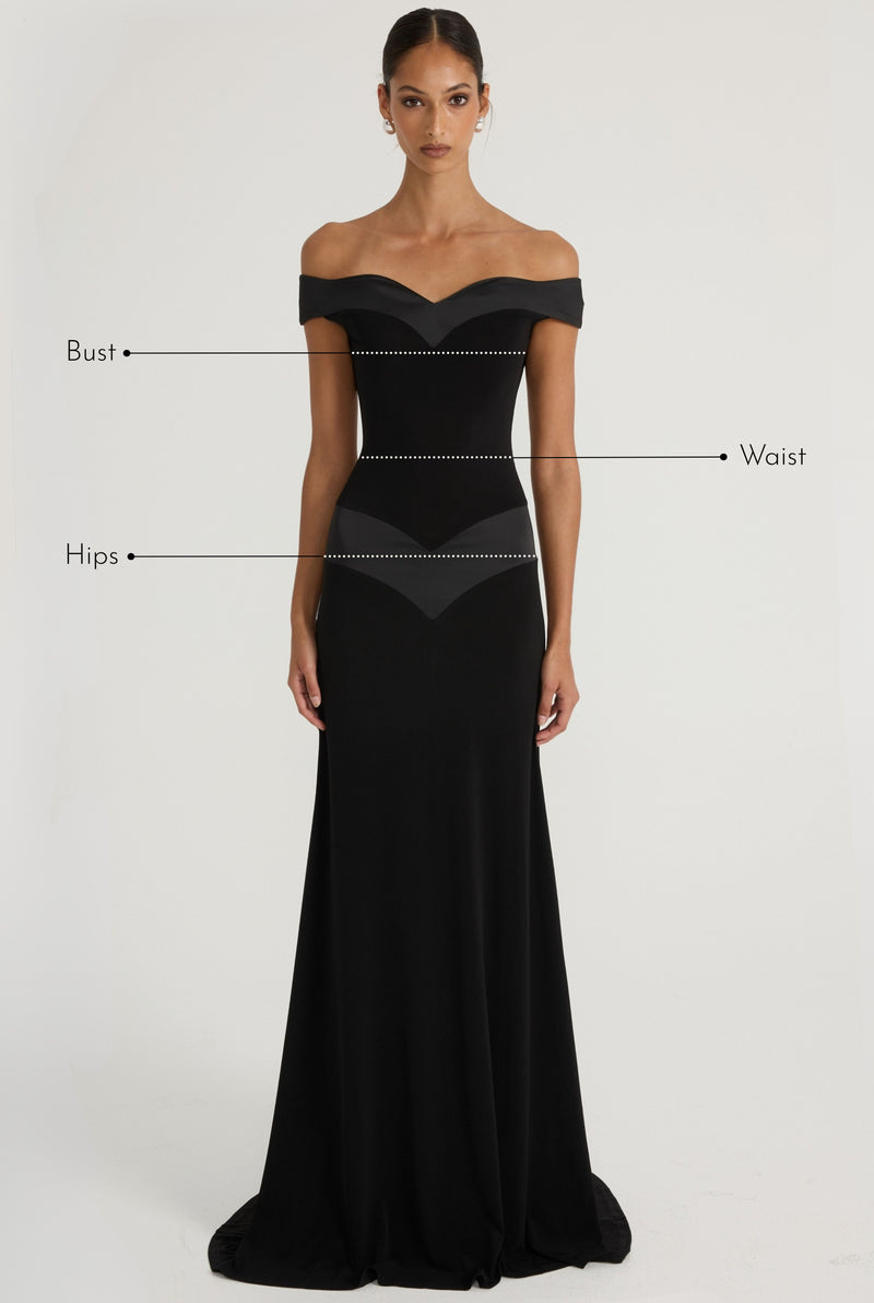 Size guide showing bust, waist and hip measurement points