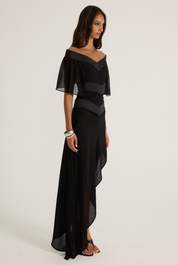 Black off-shoulder top and skirt with silk and chiffon