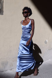 Blue ruched satin gown