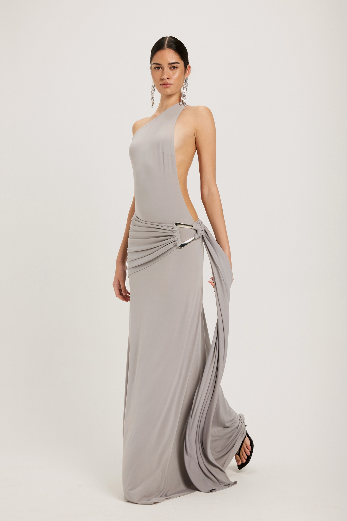 Gaia One Shoulder Open Back Floor Length Gown in Silver Grey, L