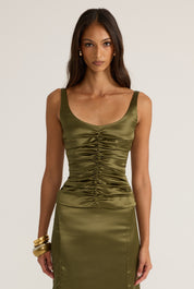 Green satin ruched top and midi skirt